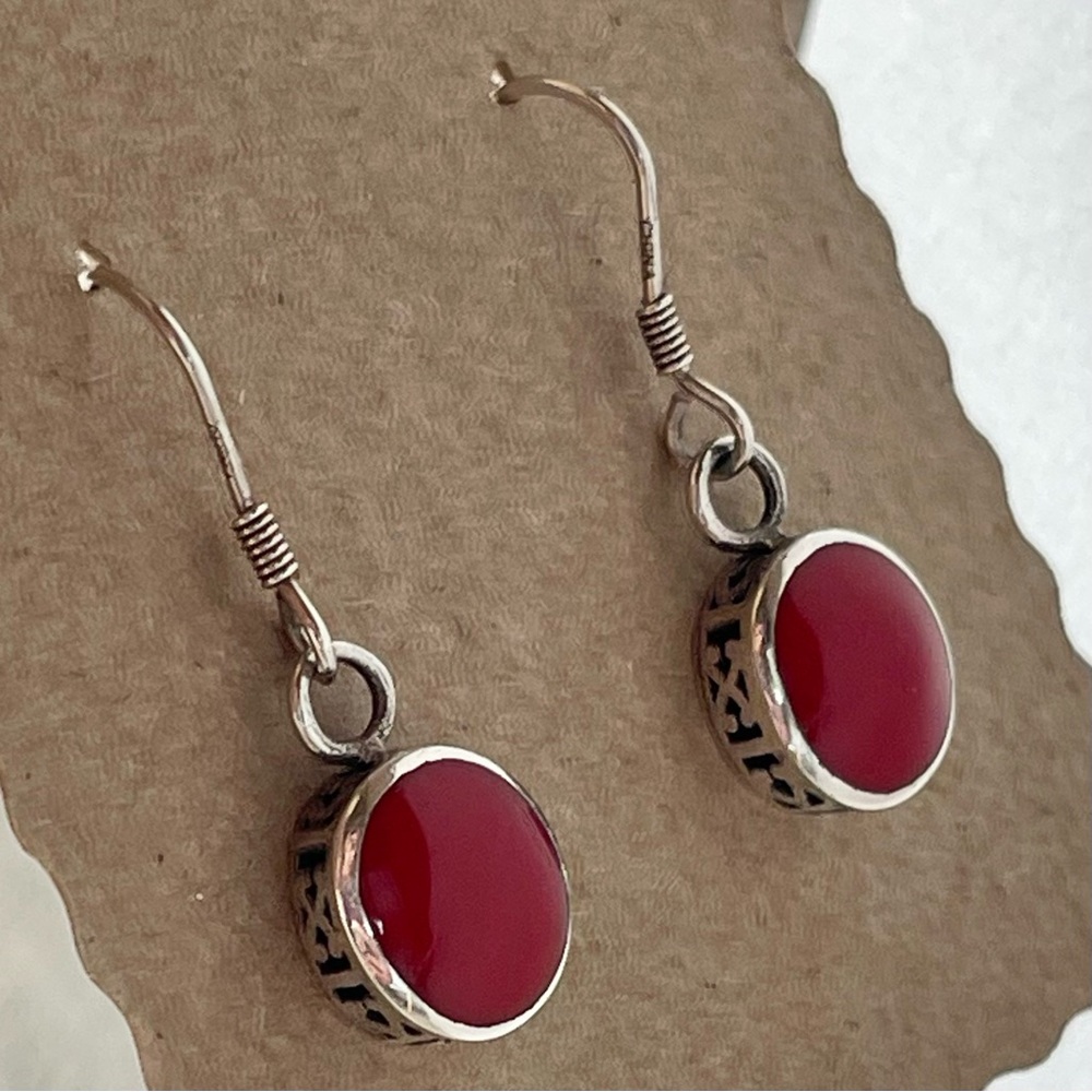 Silpada Sterling Silver Red Cabochon Inlay Filigree French Hook Drop Earrings